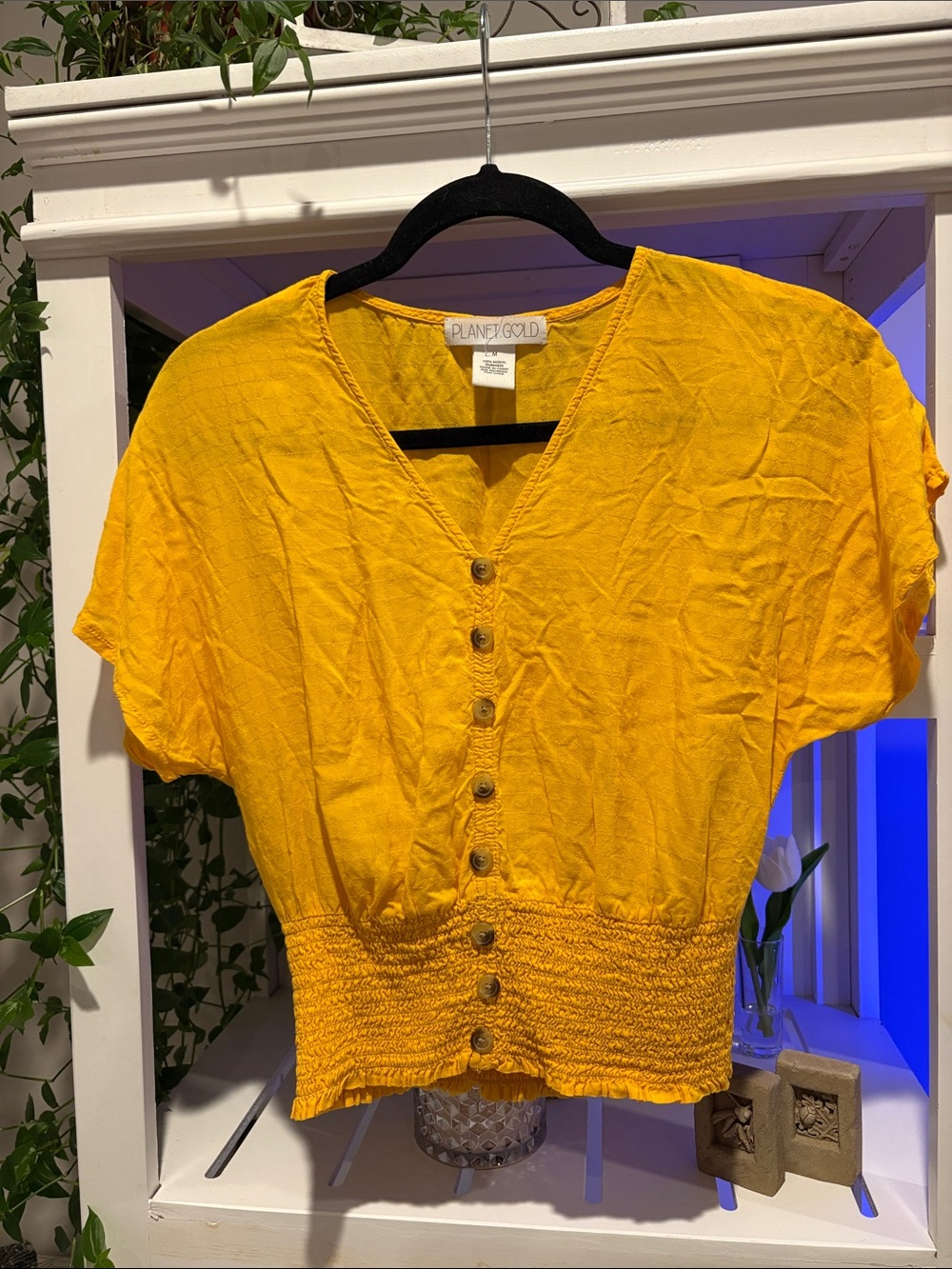 Planet Gold Yellow Button-Front V-Neck Smocked Waist Top